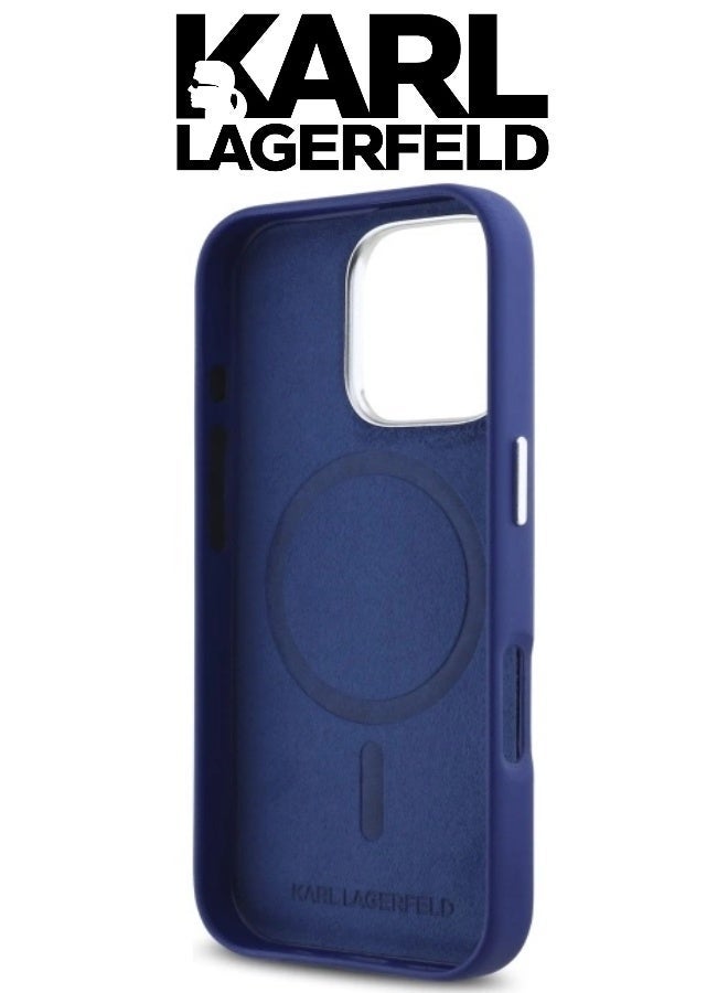 CG MOBILE iPhone 16 Pro Max case with a leather exterior and velvet interior. iphone 16 pro max back cover supports wireless charging (MagSafe). It's a durable, shock-resistant iphone 16 pro max cover. cover iphone 16 pro max features an elegant French design and is certified in partnership with KARL LAGERFELD & CG Mobile. Navy blue - Image 4